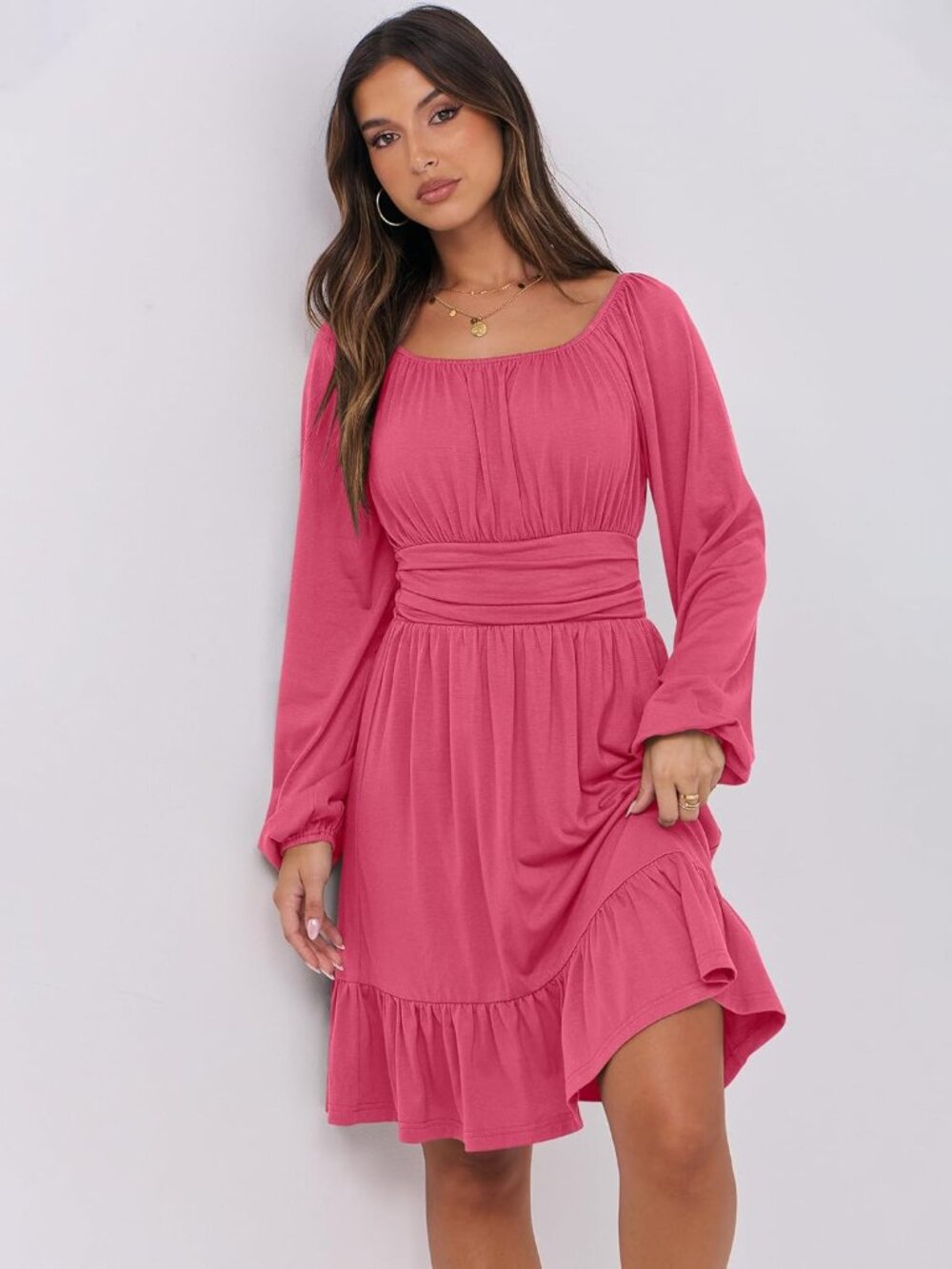 Women's Hot Pink Long Lantern Sleeve Waist Ruffle Flowy Swing A-Line Short Dress - Picture 4 of 6